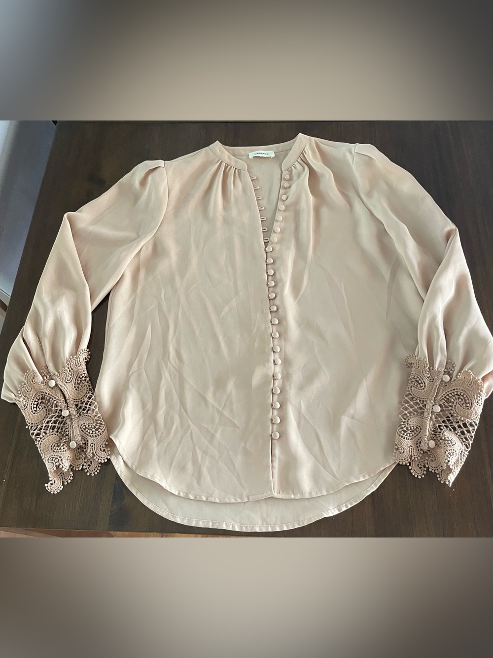 L'AGENCE Beige Solid Button Front Lace Cuff Blouse Long Sleeve Fairycore Luxury